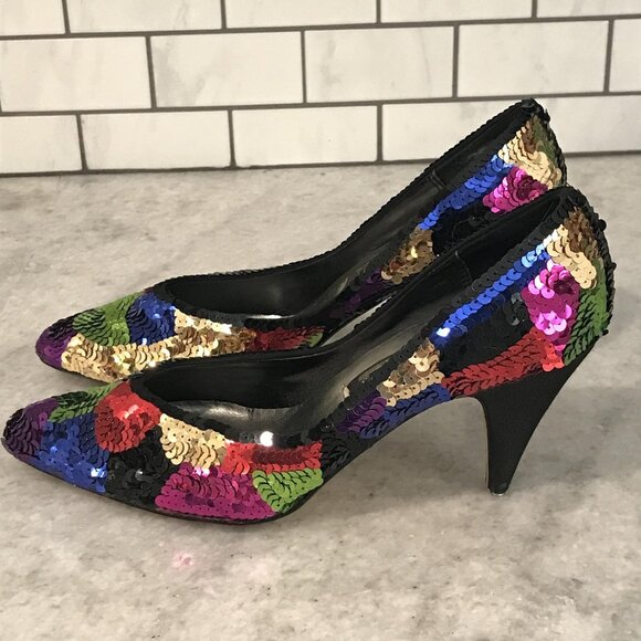 J. Renee Shoes Womens Size 7 M Multicolor Sequin Pointed Toe Pumps Kitten Heels - Picture 2 of 8